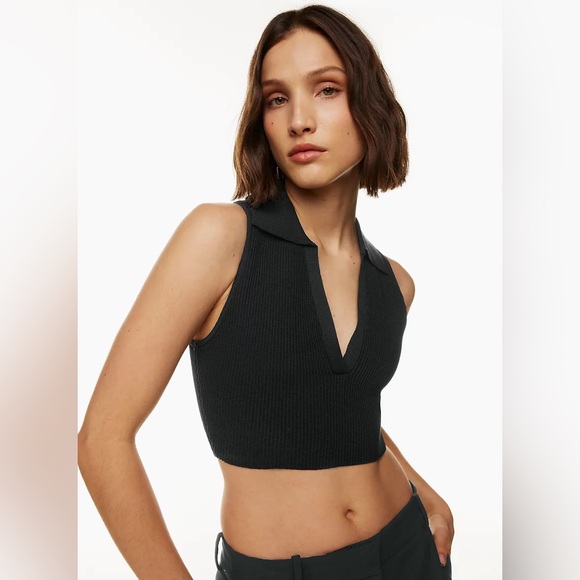 Aritzia Babaton Black Sculpt Knit Polo Crop Top XXS NWT - Picture 1 of 2